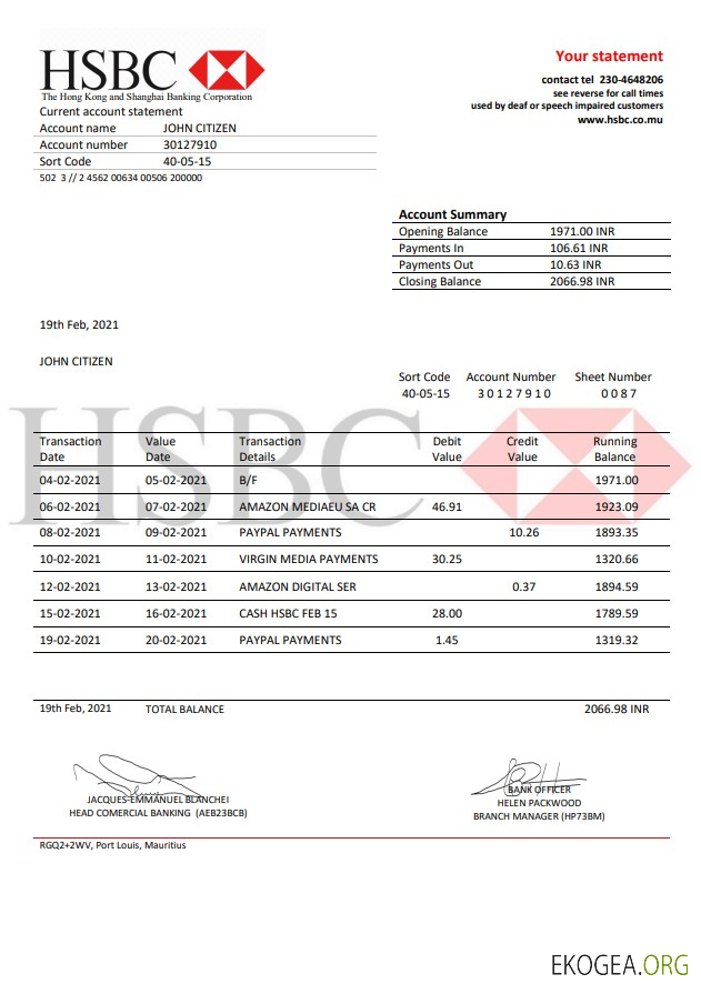 Relevé bancaire HSBC de Maurice